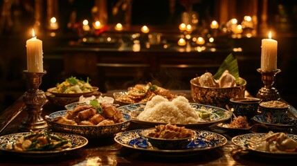 Traditional thai khantoke feast displaying an array of delicious dishes on a beautifully set dining table
