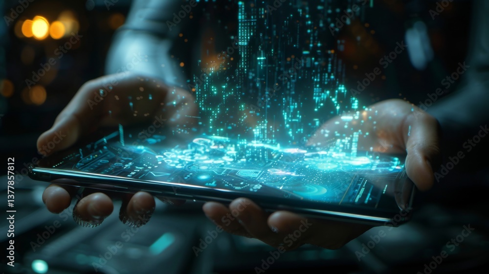 Poster close-up of a hand holding a smartphone with a glowing, holographic ai interface floating above the 