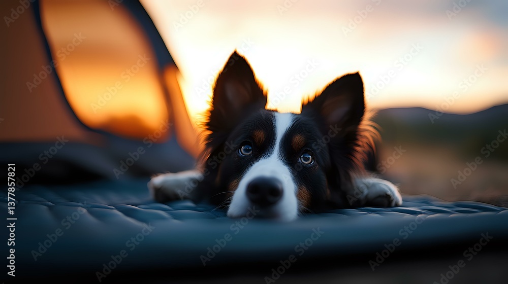 Poster border collie dog lying down with alert ears and soulful eyes against blurred sunset background, cre