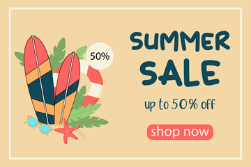Summer sale advertisement, poster, banner, template illustration for social networks. Surfboard, lifebuoy, sunglasses, tropical leaves.