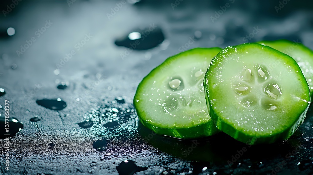 Poster fresh cucumber slices with water drops on dark background, macro shot showing translucent texture an
