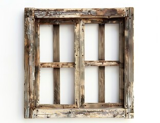 Old, weathered wooden window frame on a white background, in a rustic style, creating a rustic wall
