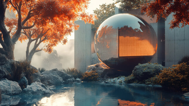 Tranquil Zen Sphere Retreat in Autumnal Garden