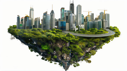 Flying island with road and skyrapper and modern city isolated on white background, isolated 3D floating land and City