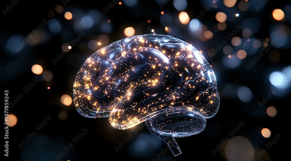 Poster glowing brain shape with luminous neural connections against dark background with bokeh lights, repr