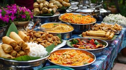 Obraz premium Table filled with vibrant Thai dishes including spring rolls pad thai and curries