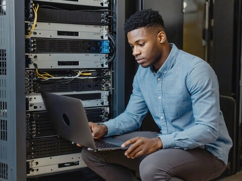 IT-Techniker im Rechenzentrum bei der Serverwartung


