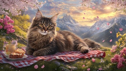 Majestic Maine Coon Cat Enjoying a Mountaintop Picnic at Sunset