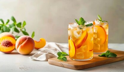 Photo of peach and ginger tea with ice in a glass on a wooden board, with mint leaves and peach