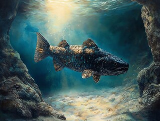 Obraz premium Coelacanth Swimming in Underwater Cave with Sunlight Streaming Through Water