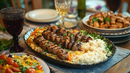 Table set with an array of Middle Eastern dishes like kebabs and rice pilaf