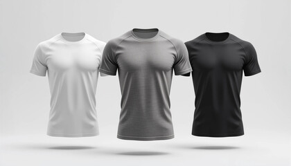 3D mockup of oversized t-shirts in white, gray, and black for apparel branding and e-commerce.