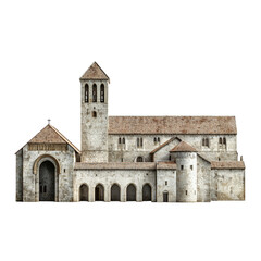 Fototapeta premium Ancient medieval monastery with cloisters and a bell tower, surrounded by trees, isolated on transparent background.