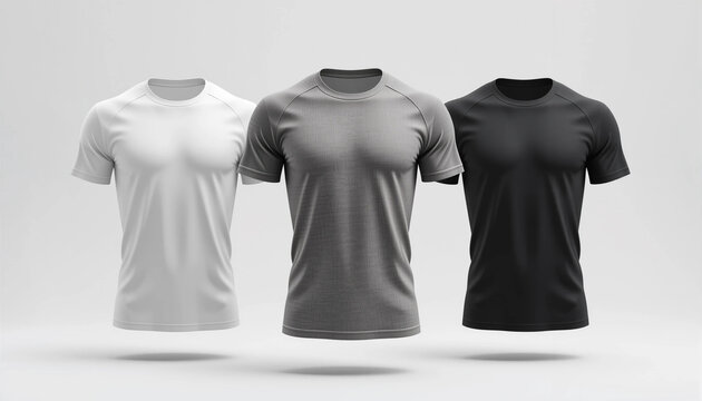 3D mockup of oversized t-shirts in white, gray, and black for apparel branding and e-commerce.