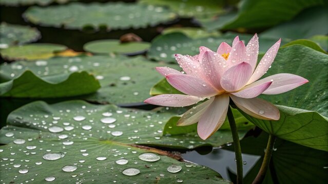 "A close-up view of a delicate pink lotus flower, its soft petals unfurling among the rich green lily pads, with the water droplets glistening on the surface." - Powered by Adobe