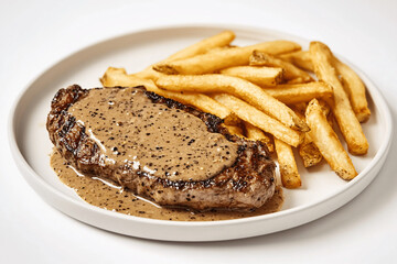 Classic steak au poivre with peppercorn sauce and crispy French fries on white background