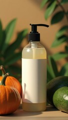 Artistic composition featuring a bottle of liquid next to a pumpkin on a rustic surface adding visual interest