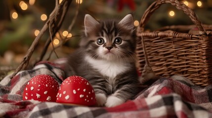 Adorable Kitten in Festive Winter Setting with Basket and Mushrooms