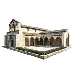Fototapeta premium Ancient medieval monastery with cloisters and a bell tower, surrounded by trees, isolated on transparent background.