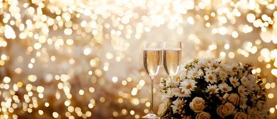 white flowers and 2 glasses of champagne isolated over festive golden shiny bokeh effect background; concept of wedding party, invite to festive event, new year celebration; copy space