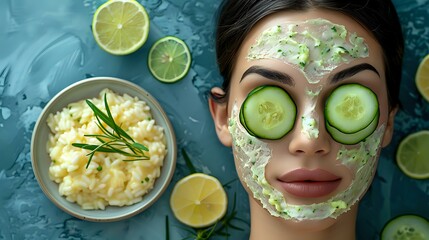 Young woman with green cucumber face mask and eye patches during spa treatment, next to bowl of mashed potatoes with rosemary and lime slices on blue background.
