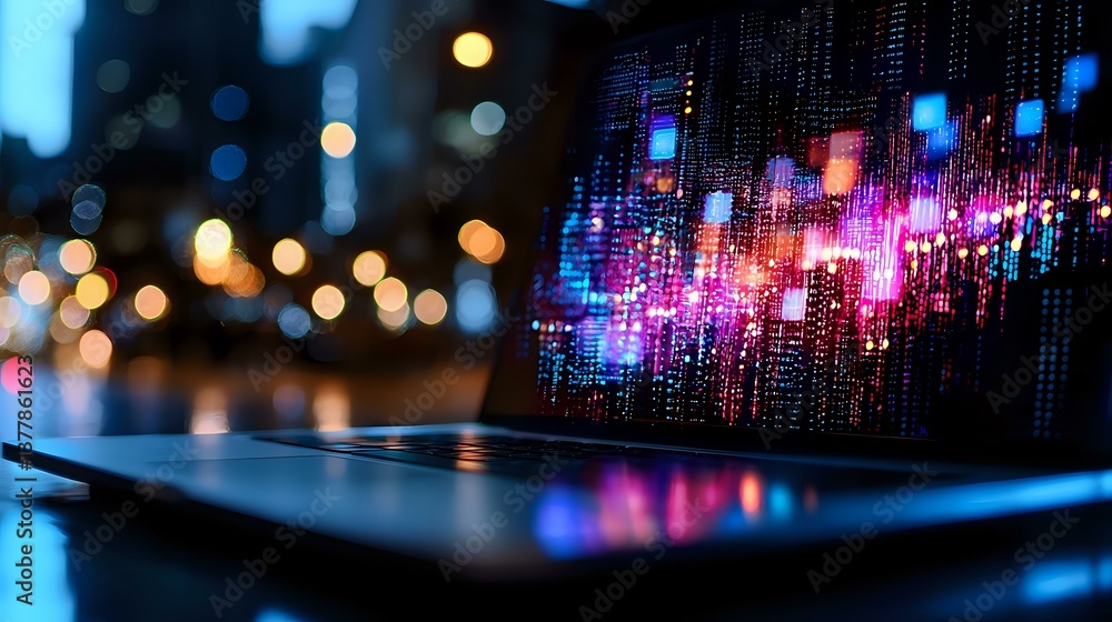 Poster laptop screen displaying vibrant digital data visualization with pink and purple light streams again