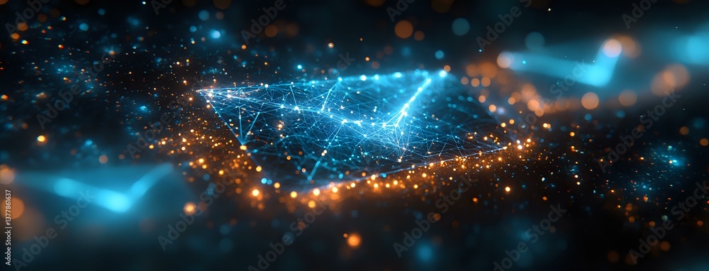 Poster Glowing blue and orange network connections with particles floating in dark space create futuristic technology visualization background for digital transformation concepts.