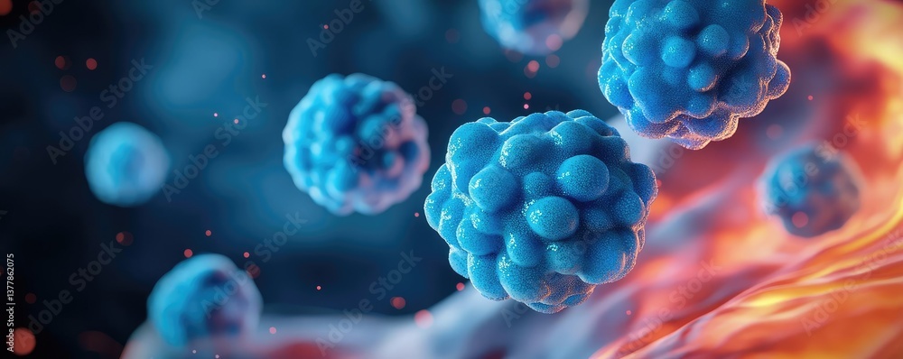 Poster blue exosome particles with three-dimensional sphere concept. microscopic view of cells with vivid c