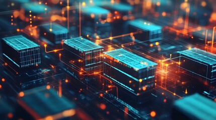 Obraz premium Digital Network: An abstract depiction of interconnected digital components, visualized as rows of metallic structures linked by a network of illuminated pathways.