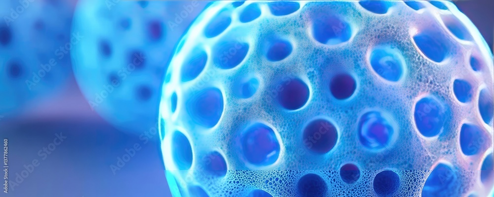Poster blue exosome particles with three-dimensional sphere concept. close-up view of bio-luminescent micro