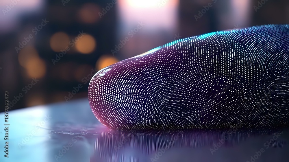 Poster macro fingerprint pattern with futuristic digital scan effect in purple and blue gradient lighting, 