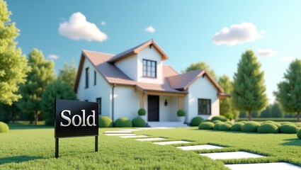 A bright, detailed 3D render of a suburban home on a sunny day, featuring a "Sold" sign, manicured lawn, and a sense of peaceful, contemporary elegance.
