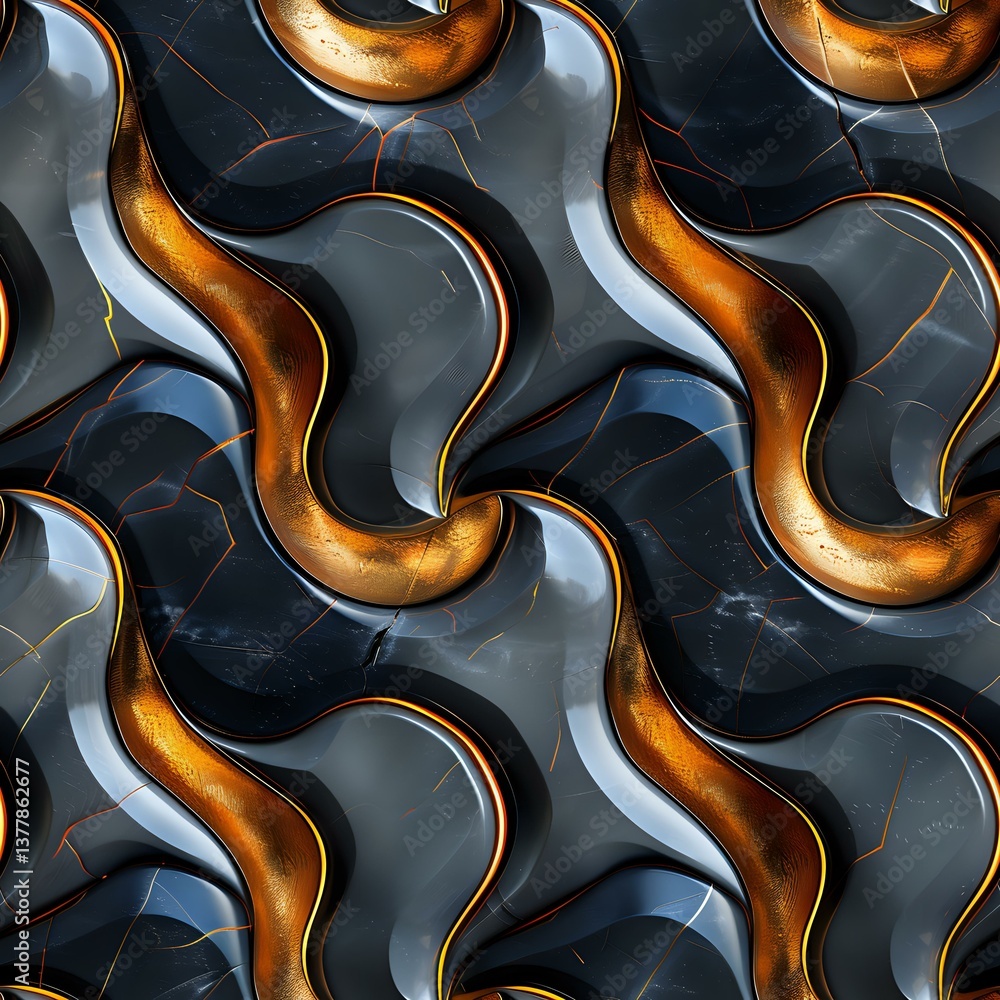Poster seamless pattern with curved metallic gold and black marble shapes creating dynamic wave effect. lux