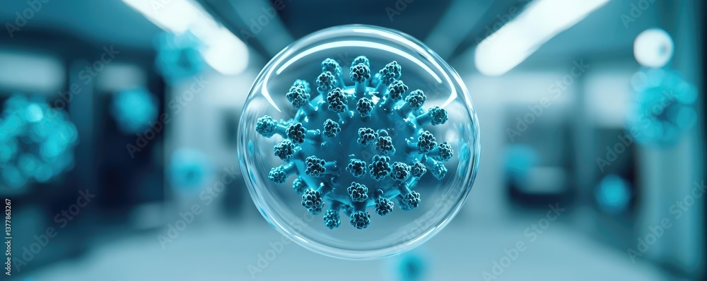 Poster blue exosome particles with three-dimensional sphere concept. microscopic view of a virus in a labor