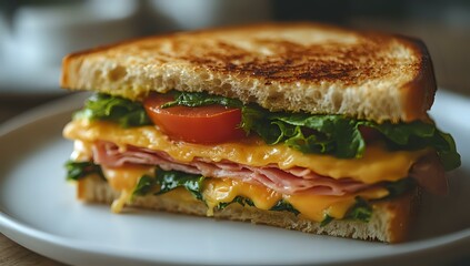 Grilled sandwich with melted cheddar cheese, ham slices, fresh tomatoes, and crisp lettuce on toasted bread, served on white plate, macro food photography.