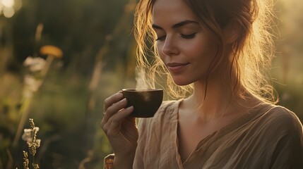 Woman taking a small sip of herbal tea with a serene expression practicing mindfulness