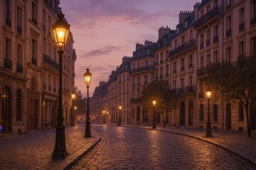 Fototapeta premium AI-generated digital illustration of a romantic European street at dusk with vintage lanterns, cobblestone road, and classic architecture. Perfect for travel, storytelling, or urban design themes.