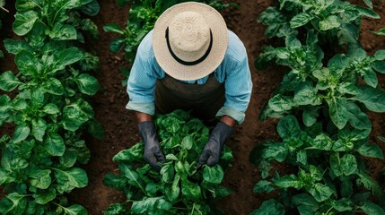 Naklejka premium Overhead View of Farmer Harvesting Lush Green Leafy Vegetables