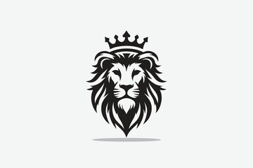  minimalist silhouette of lion's head front with a crown on its head as logo style in black and white