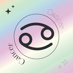 Graphic depicting the zodiac symbol for Cancer, characterized by a minimalist design with a whimsical smiley face, set against a soft pastel gradient background.