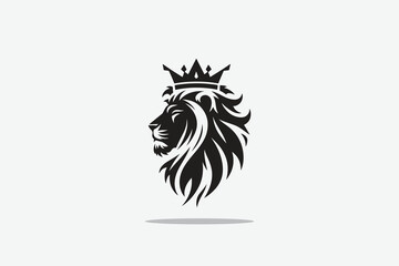 Naklejka premium minimalist silhouette of lion's head front with a crown on its head as logo style in black and white