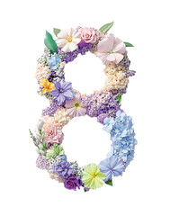 A beautiful floral arrangement forms the number eight, featuring a vibrant mix of flowers including roses, hydrangeas, and lilies, isolated on a white background.