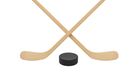 Isolated Crossed Wooden Hockey Sticks with Black Puck in Center