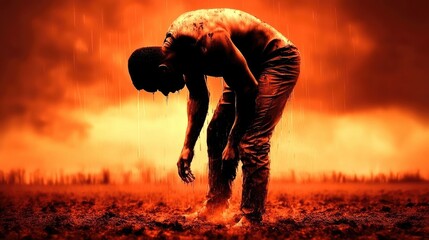 A bare-chested person in field, head down in orange tones, suggesting exhaustion and struggle in landscape