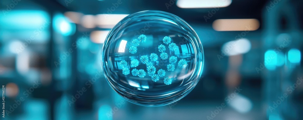 Poster blue exosome particles with three-dimensional sphere concept. close-up of a glowing cell suspended i