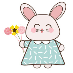 Grazioso coniglio  con mazzo di fiori, illustrazione per bambini