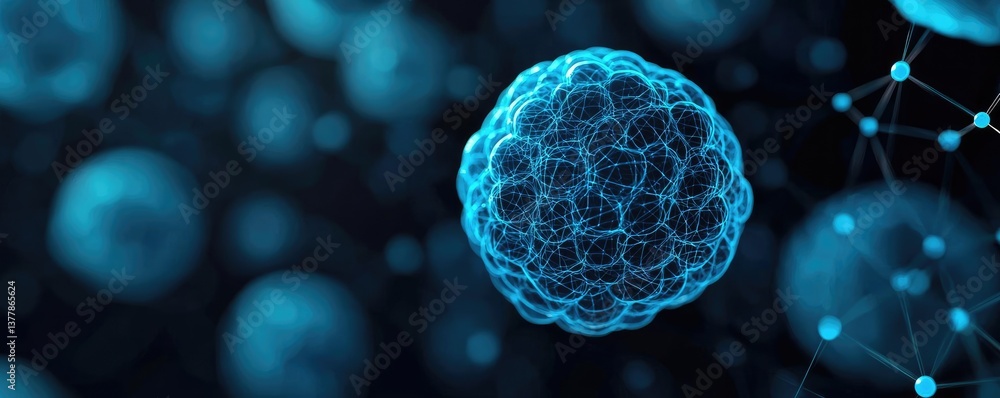 Poster blue exosome particles with three-dimensional sphere concept. abstract representation of a blue micr