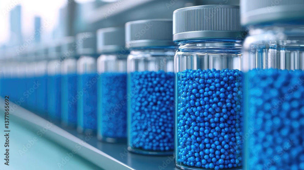 Poster blue exosome particles with three-dimensional research concept. an array of blue capsules in glass c
