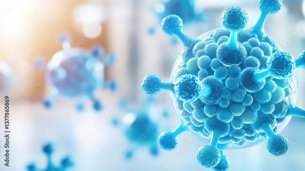 Poster blue exosome particles with three-dimensional skincare concept. close-up view of viruses with blue t