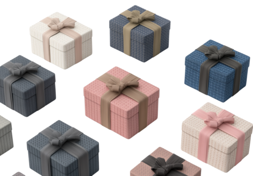 3D rendering collection of different gift boxes with ribbons, isolated on a white background.